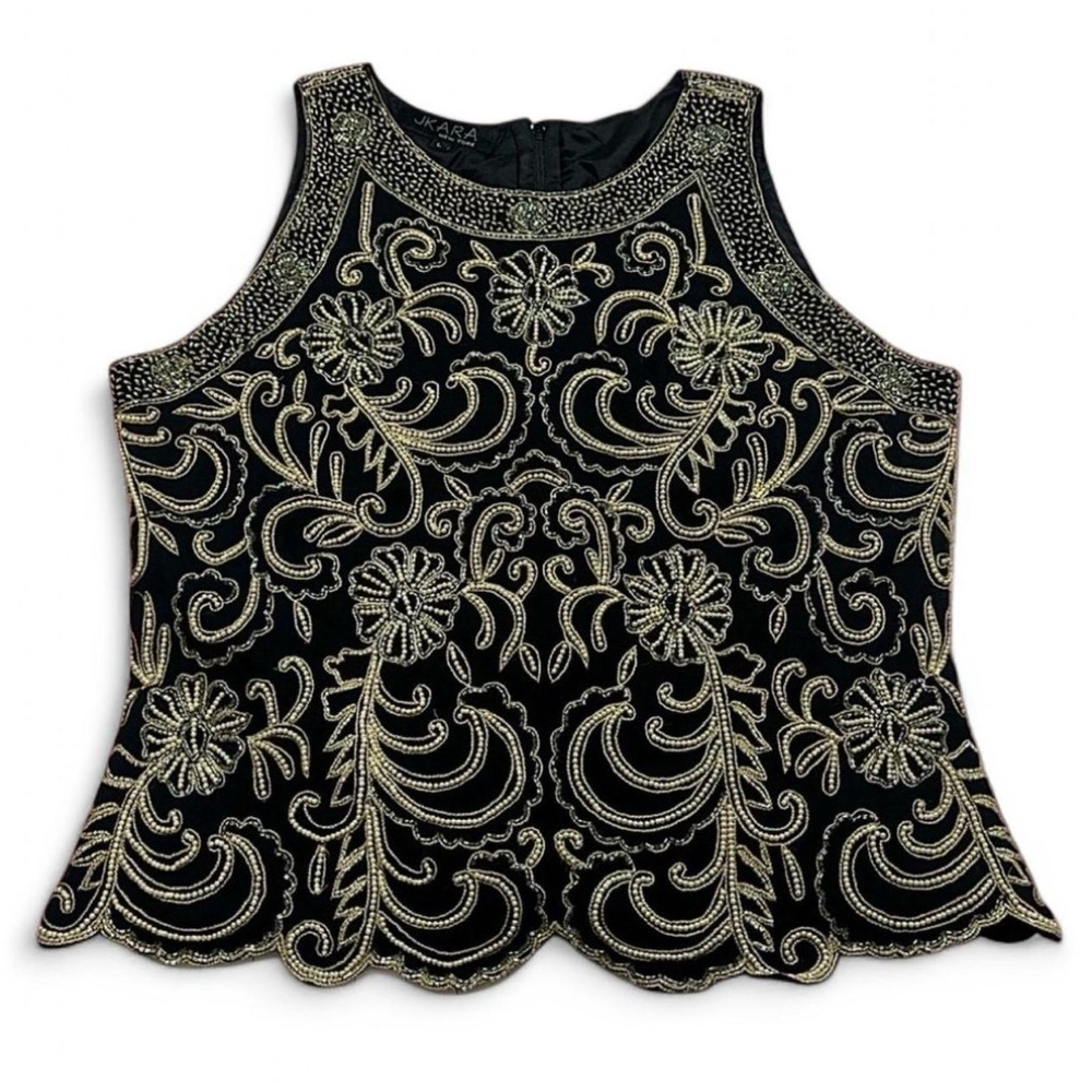JKARA Black Gold Beaded Tank Top L Scallop Hem Cocktail Party Art Deco Glam - Picture 1 of 8